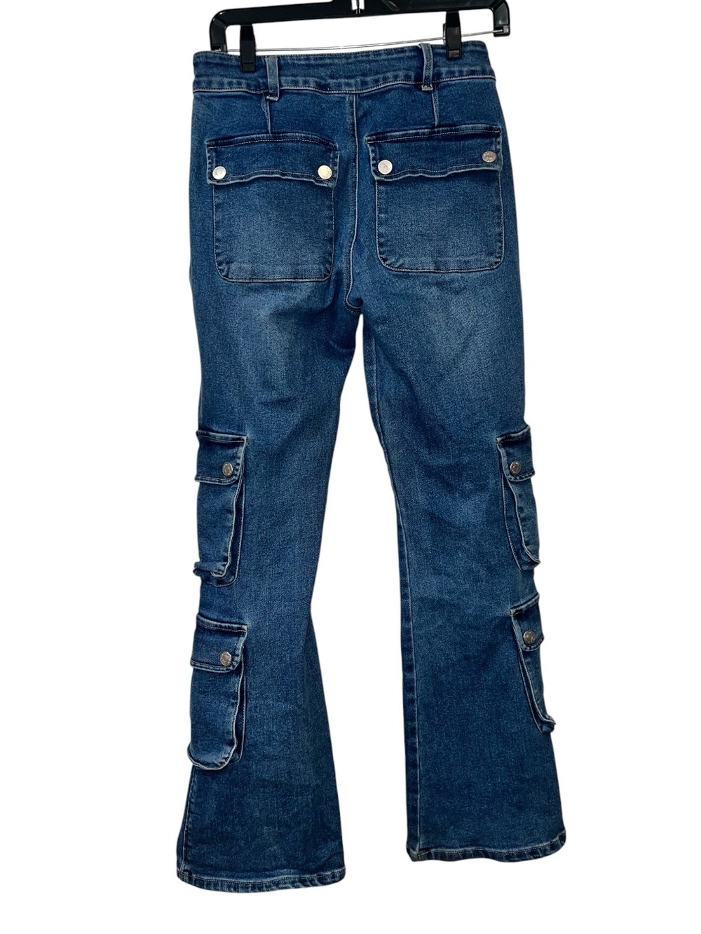 Forever 21 Womens 28 Cargo Flare Jeans High Rise Stretch Y2K Utility Blue Denim - Picture 2 of 10